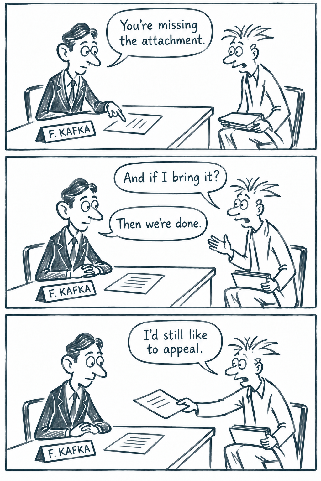 Three-panel fictional comic: Kafka tells a visitor that an attachment is missing. He explains that bringing it will finish the matter, but the visitor offers another document and asks to appeal.